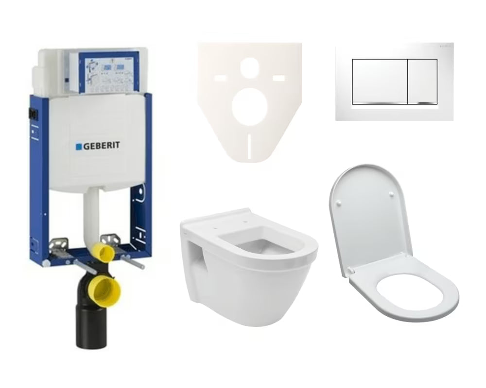 Viseči WC set Vitra Integra s podometnim splakovalnikom Geberit in sedežem v beli barvi.
