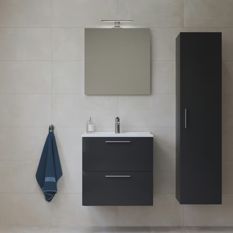 Koupalniški sestav Vitra Mia u antracit boji z umivalnikom, s visećim ormarićem, ogledalom i LED rasvjetom.