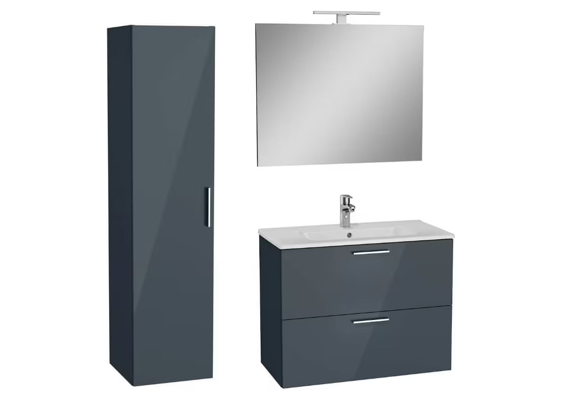 Koupalniški sestav vitra Mia v sijajni antracitni barvi z visečo omarico, umivalnikom, ogledalom in LED-osvetlitvijo.