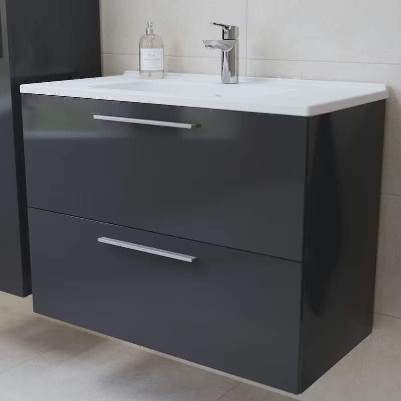 Koupalniški sestav Vitra Mia 79 x 39,5 cm v antracitni barvi z omarico, umivalnikom, ogledalom in LED osvetlitvijo.