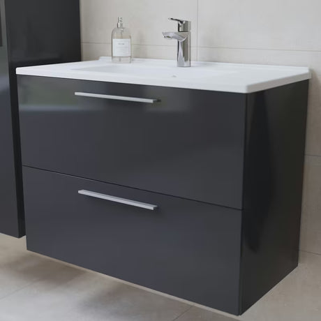 Koupalniški sestav Vitra Mia 79 x 39,5 cm v antracitni barvi z omarico, umivalnikom, ogledalom in LED osvetlitvijo.