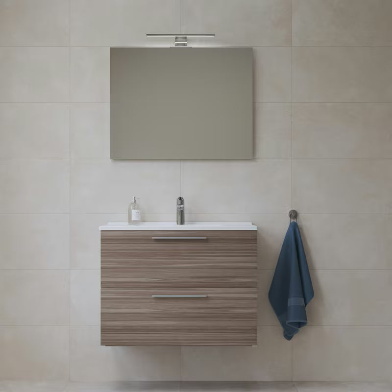 Koupalniški sestav Vitra Mia 79 x 39,5 cm v dekorju cordoba z omarico, umivalnikom, ogledalom in LED osvetlitvijo.