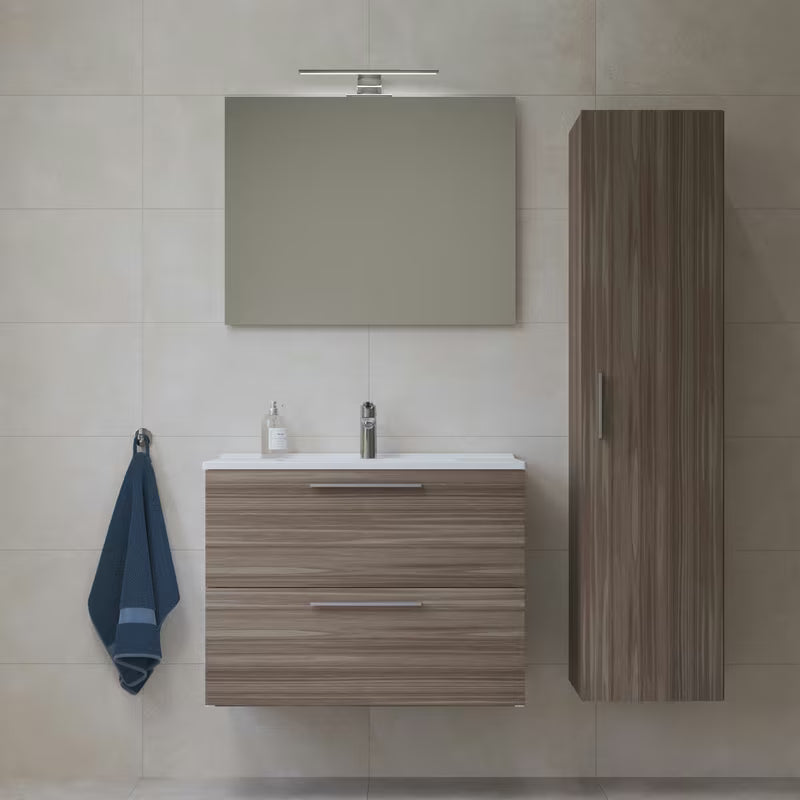Koupalniški sestav Vitra Mia 79 x 39,5 cm v dekorju cordoba z omarico, umivalnikom, ogledalom in LED osvetlitvijo.
