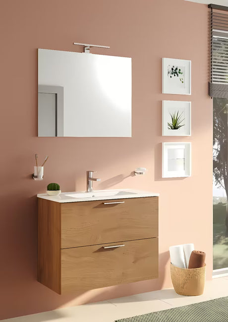 Koupalniški sestav Vitra Mia 79 x 39,5 cm v dekorju zlati hrast z omarico, umivalnikom, ogledalom in LED osvetlitvijo.