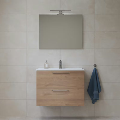 Koupalniški sestav Vitra Mia 79 x 39,5 cm v dekorju zlati hrast z omarico, umivalnikom, ogledalom in LED osvetlitvijo.