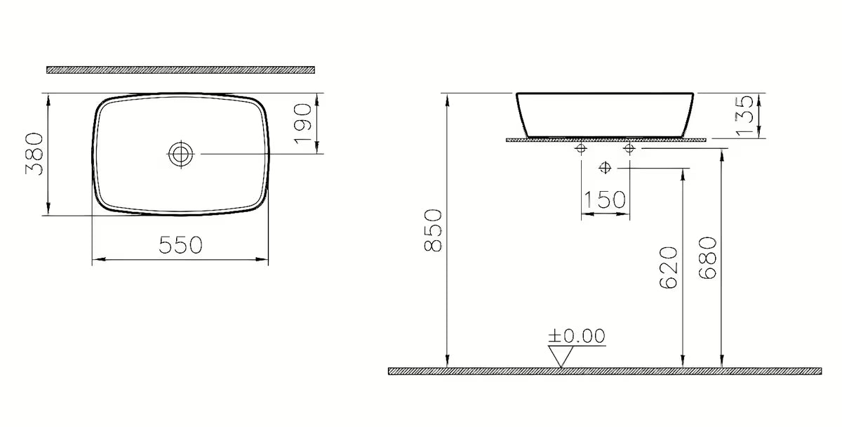 Bel keramični umivalnik na ploščo Vitra Shift New 55 x 38 cm brez preliva in brez odprtine za armaturo.