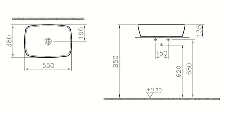 Bel keramični umivalnik na ploščo Vitra Shift New 55 x 38 cm brez preliva in brez odprtine za armaturo.