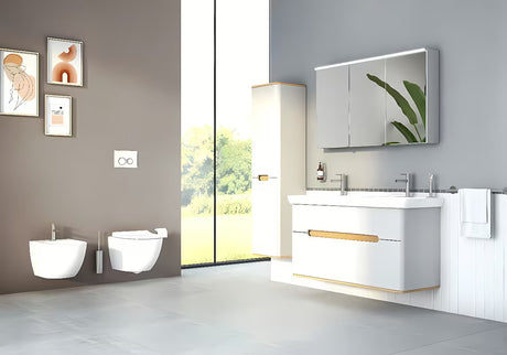 Bijeli viseči bide vitra Shift sa skrivenim pričvršćenjem keramike, bez vidljivih poklopaca i otvora.