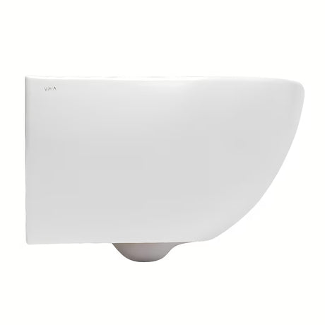 Beli viseča WC školjka vitra Shift brez splakovalnega kroga s skritim pritrjevanjem in zaobljeno obliko.