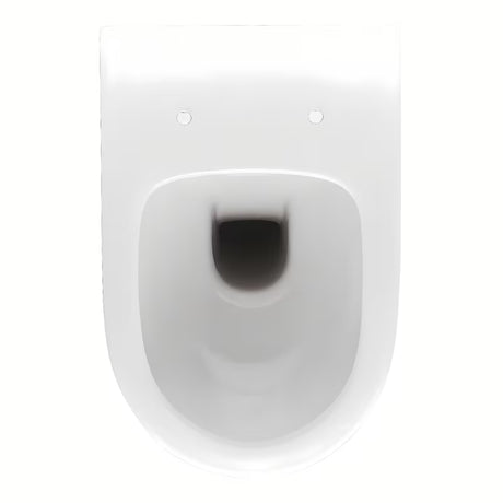 Beli viseča WC školjka vitra Shift brez splakovalnega kroga s skritim pritrjevanjem in zaobljeno obliko.