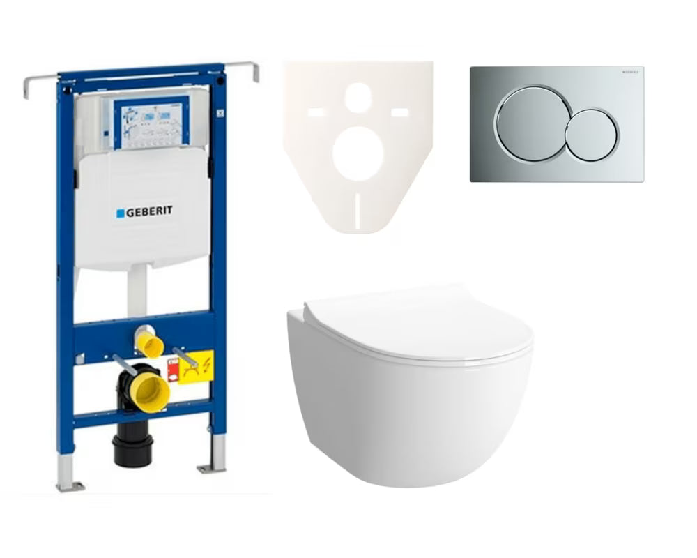 Viseči WC set SAT Infinitio pro za predstensko montažo s splakovalnikom Geberit Duofix in tipko za splakovanje v sijajnem kromu.