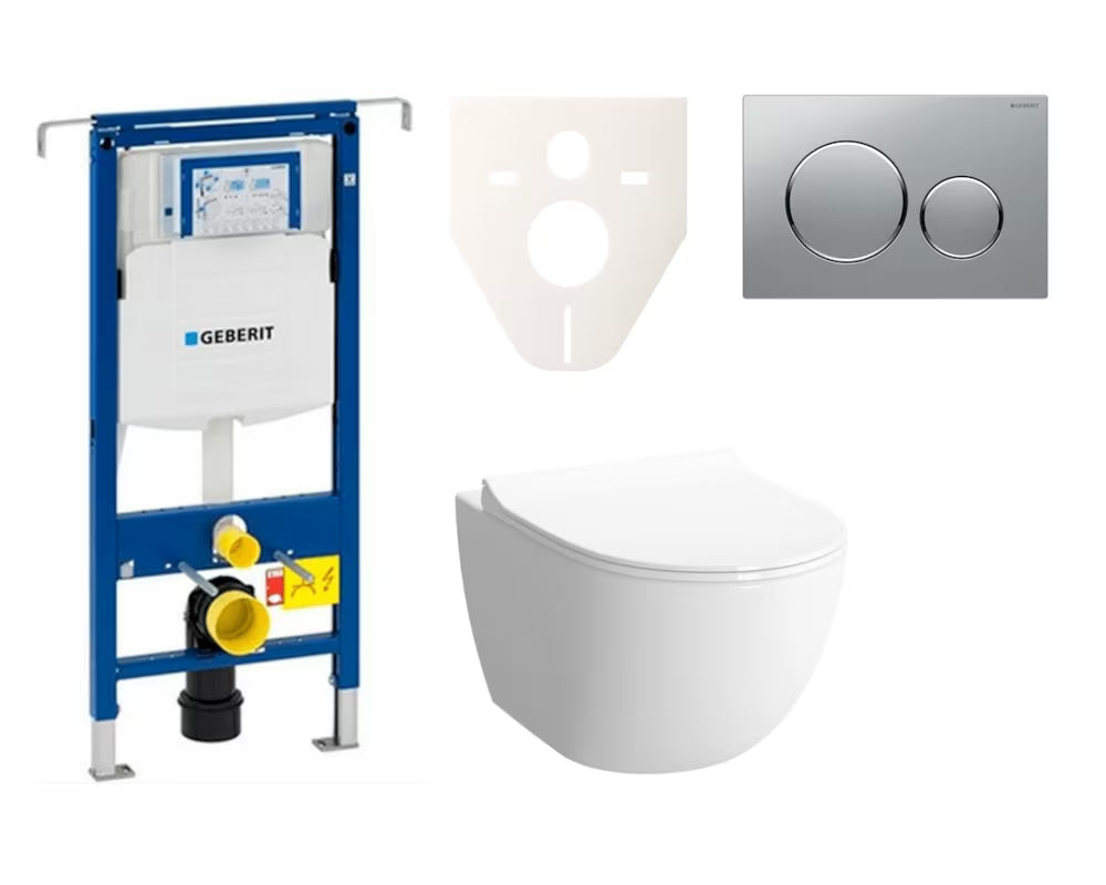 Viseči WC set SAT Infinitio s podometnim splakovalnikom Geberit Duofix in tipko za splakovanje v mat kromu.