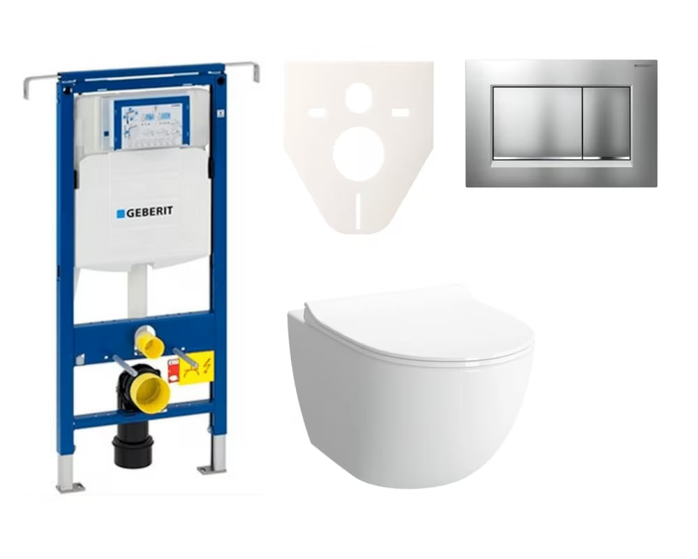 Viseči WC set SAT Infinitio pro za predstensko montažo s splakovalnikom Geberit Duofix in tipko v mat kromu.