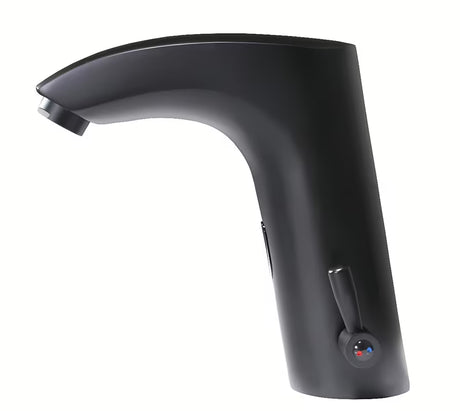 Crna beskontaktna armatura za umivalnik Weltservis Donner AutoFlow 02 s infracrvenim senzorom i ručicom pro za podešavanje temperature.
