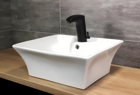 Crna beskontaktna armatura za umivalnik Weltservis Donner AutoFlow 02 s infracrvenim senzorom i ručicom pro za podešavanje temperature.