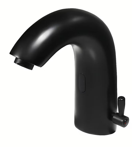 Crna beskontaktna armatura za umivalnik Weltservis Donner AutoFlow 03 s infracrvenim senzorom i upravljačkom ručicom.