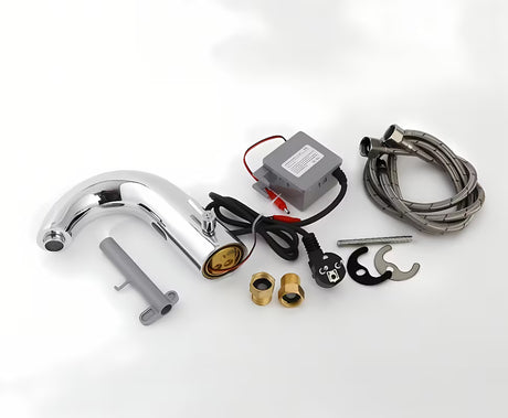 Crna beskontaktna armatura za umivalnik Weltservis Donner AutoFlow 03 s infracrvenim senzorom i upravljačkom ručicom.