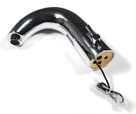 Crna beskontaktna armatura za umivalnik Weltservis Donner AutoFlow 03 s infracrvenim senzorom i upravljačkom ručicom.