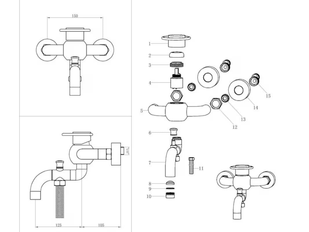 WF Industrial enoročna stenska armatura za kad s tuš setom u završnoj obradi uljno brušena bronca dark-metal.