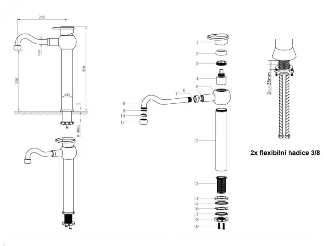 Visoka enoročna umivaonička stoječa slavina WF Industrial u završnoj obradi uljna brušena bronca Dark-Metal.